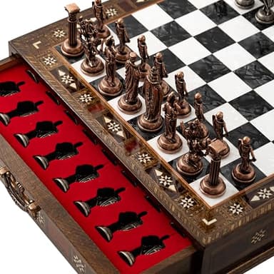 15’’ Handmade Wooden Chess Set with British Army Metal Pieces – Luxury Storage Board – Gift for Adults, Fathers & Collectors, Gift for Him (Black)