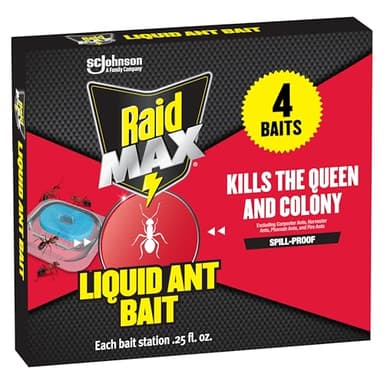 Raid Max Liquid Ant Bait; Kills Ants Where They Breed, for Indoor and Outdoor Use; 4 Bait Stations