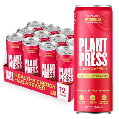Plant Press - Organic Energy Drink, 100 mg Caffeine Clean Coffee Alternative, Full Range of Vitamins, Electrolytes, No Sugar Alcohols, No Preservatives (12 Fl Oz (Pack of 12), Watermelon)