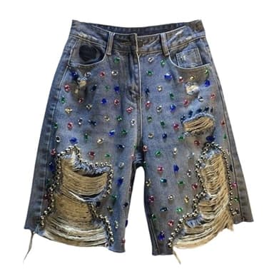 HGKPFGTF Womens Ripped Rhinestone Jean Shorts Distressed Frayed Fringe Tassel Fashion Jeans Shorts S-3XL,Blue,XXL