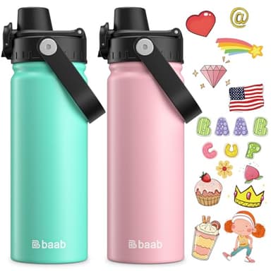baab 18oz Kids Water Bottle, Insulated Kids Water Bottle with Lockable Spout Lid & Stickers, 18/8 Stainless Steel Vacuum Leakproof Kid Water Cup with Handle for School (Pink+Mint Green, 2 Pack)