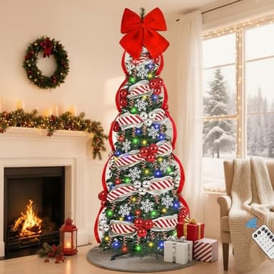 Uspring 6 FT Pop Up Christmas Tree with Lights, Artificial Collapsible Christmas Tree with Remote Control & 200 Colorful LED Lights, Pre Decorated Surround Ribbon, Ball Ornaments, Holiday Party Decor