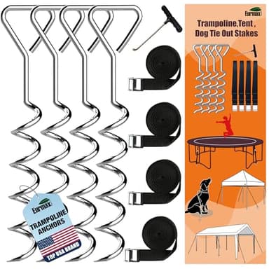 Eurmax USA Trampoline Stakes Heavy Duty Trampoline Parts Corkscrew Shape Steel Stakes Anchor Kit with T Hook for Trampolines -Set of 4 Bonus 4 Strong Belt,Silver