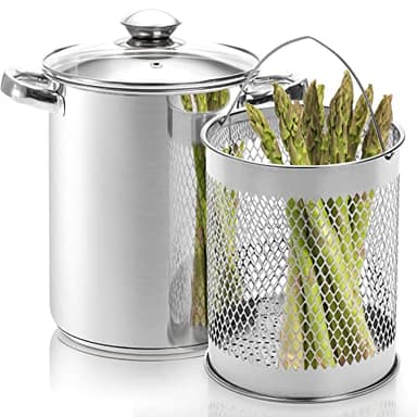 AVLA Asparagus Pot, 4 Quart Stainless Steel Steamer Cooker, Vegetable Asparagus Cooker with Removable Basket and Lid for Pasta, Spaghetti, Boiled Eggs, Shrimp, Oil Deep Fry Pan for French Fries