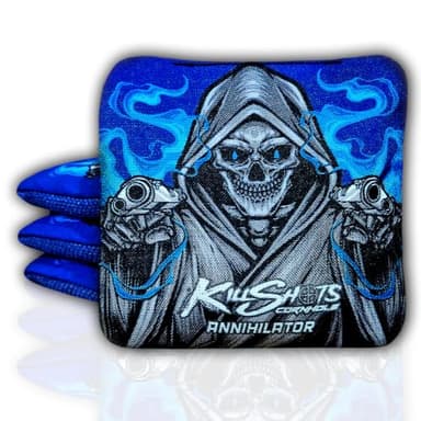 Killshots Cornhole | Annihilator Series | Limited Edition | Premium Cornhole Bags | Double-Sided Stick & Slide | Durable | Resin Filled | Regulation 6x6, 16oz | Set of 4 (Blue Reaper)