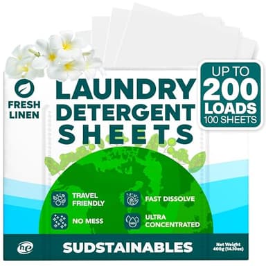 Sudstainables Laundry Detergent Sheets 200 Loads – Dissolvable Laundry Sheet for Washing Machines, Compact Alternative to Liquid & Powder Detergent, Travel-Friendly Soap | Fresh Linen
