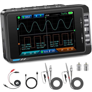FNIRSI DS215H 2-in-1 Handheld Oscilloscope 50MHz, 2 Channel Digital Portable Oscilloscope DDS Signal Generator, 250MS/s Sampling, 1Kpts Record Length, 3.5-inch IPS Screen, Waveform Storage and Export