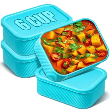 Nuogo 4 Pcs 6 Cup Silicone Freezer Trays with Lid Soup Containers Reusable Freezer Silicone Molds Rectangle Containers Ice Trays for Soups Sauces Stews Curries, Lake Blue