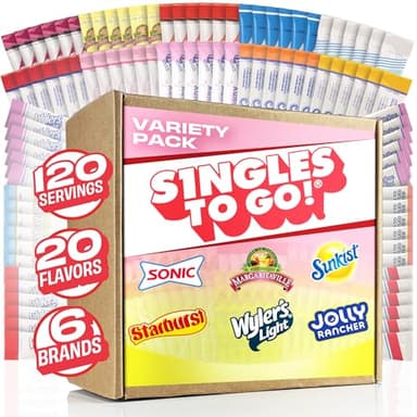 Singles To Go! 120ct Bulk Variety Pack - 20 Different Flavors from Skittles, Sonic, Sunkist, Starburst and More - Sugar Free Drink Mix Packets - Sugar Free Water Flavoring Packets