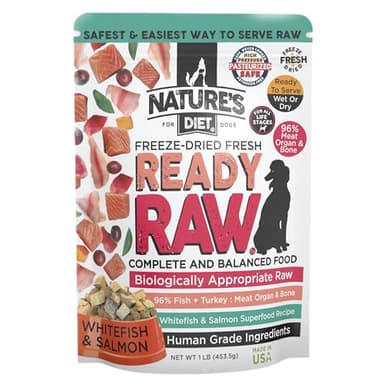 Nature's Diet Ready Raw : Freeze-Dried Raw Dog Food, Salmon & Whitefish, Human Grade, High Pressure Pasteurized (HPP), 96% Meat, Organ, Bone, Safe & Natural, Dry or Wet Feeding