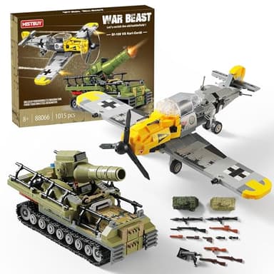 WW2 Military Toys Building Sets Compatible with Lego, Create a BF109 Plane Fighter Jet & a Karl Giant Mortar Tank, Great WWII Army Airplane Toy for Boys and Kids Age 8-12