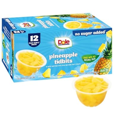 Dole Pineapple Tidbits with No Sugar Added - Dole Fruit Bowls Snacks - 4 oz Fruit Bowls - 12 Pack