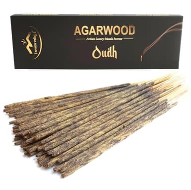 Aroma Valley Oud Agarwood Incense Sticks - Artisan Luxury Masala Incense - Handrolled Long-Burning (75 Minutes) Extra-Thick Sticks - Exotic Divine Scent for Home, Spirituality & Meditation - Oudh