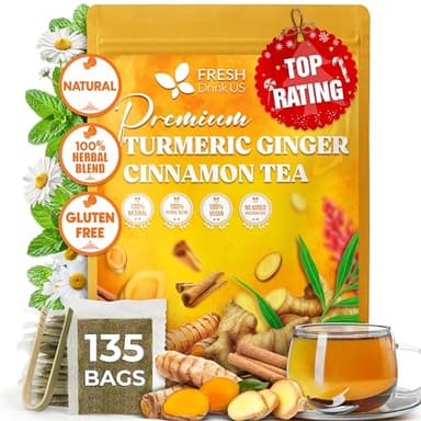 FreshDrinkUS, Premium Turmeric Ginger Cinnamon Tea Bags | 135 Tea Bags | Herbal Spice Tea Blend, Naturally Caffeine Free, Warm & Aromatic Flavor, 100% Natural Ingredients, Convenient Tea Bags