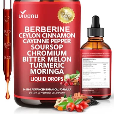 14-in-1 Berberine with Ceylon Cinnamon Supplement Liquid Drops, 1800mg + 30:1 Liposomal Tech with Cayenne Pepper, Soursop, Chromium, Bitter Melon, Turmeric, Moringa, Gymnema, Glucomannan, GLP Support