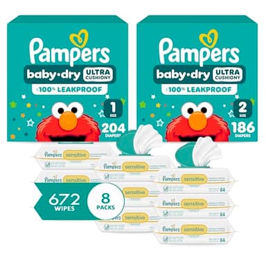 Pampers Baby Diapers and Wipes Starter Kit, Baby Dry Disposable Baby Diapers Sizes 1 (204 Count) & 2 (186 Count) with Sensitive Water Based Baby Wipes 8X Pack Pop-Top (672 Count)