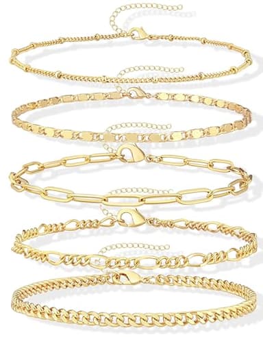 Gokeey Gold Bracelets for Women Trendy 14K Gold Plated Jewelry Sets Stack Dainty Stackable Paperclip Cuban Figaro Chain Bracelets Pack Layered Link Chain Bracelet for Women Cute 5pcs Adjustable