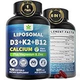 6-in-1 Liposomal Vitamin D3 K2 Calcium Supplement - Plant Based Calcium 600mg with Vegan Vitamin D 5000 IU + K2 MK7 + B12, Algae Ca-lcium for Women and Men, Plus Magnesium Zinc for Bone, Pack of 1