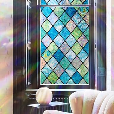Flortlias Rainbow Privacy Window Film Stained Glass Decorative Blue Lattice Pattern Suncatcher Iridescent Window Cling for Glass Door with Tool, Ocean Diamond, 16.93" x 78.74"