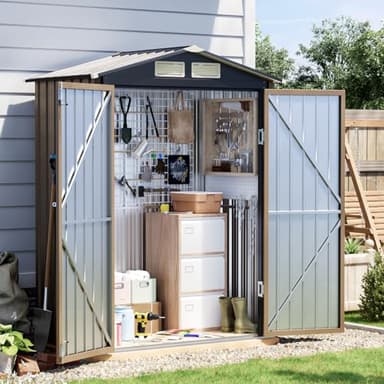 Grovellis 5x3 FT Outdoor Metal Storage Shed, Double Door, 1 Clear Window, Tool Shed for Garden, Patio, Backyard Brown