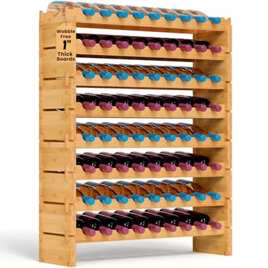 NutriChef 72 Bottle Wine Rack Stackable Bamboo Freestanding, 8-Tier Modular Shelf, Sturdy Wobble Free, Upgraded 2026 Design, Easy No-Tool Assembly for Kitchen, Cellar or Bar Storage 33.5" x 10" x 41"