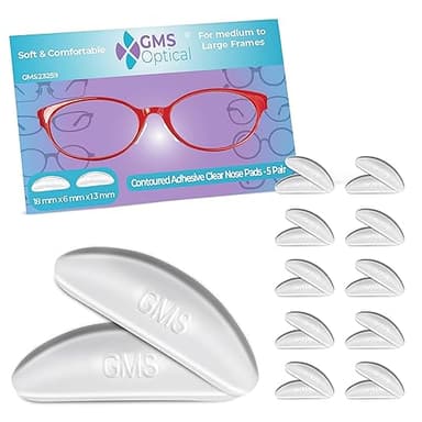 GMS Optical Large Adhesive Contoured Ultra-Thin Silicone Nose Pads - Non Slip Nose Grips for Glasses, Sunglasses and Eyewear w/Super Sticky Backing, Quality Eyeglass Accessories - 10 Pairs, Clear