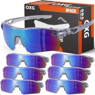 OXG 6 Pair Safety Glasses, Scratch Resistant Wraparound Lenses ANSI Z87.1 Protective Eyewear for Unisex (Grey Frame, Multicolor Lenses)