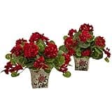 Nearly Natural 11in. Geranium Flowering Silk Plant with Floral Planter (Set of 2)