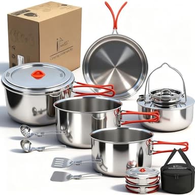 Ipretti Portable 18/8 Stainless Steel Camping Cookware Set 11 Pcs - Nesting Design, Large Capacity Pots and pan with Kettle, Compact for Picnic & Family Outdoor Cooking (4-8 People) with Carry Bag