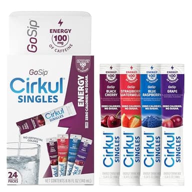 GoSip® Cirkul® Singles 24-Pack, Caffeine Flavor Water Variety Pack, No Sugar, Zero Calorie Drink Mix, (6 Blue Raspberry, 6 Black Cherry, 6 Strawberry Watermelon, 6 Grape)