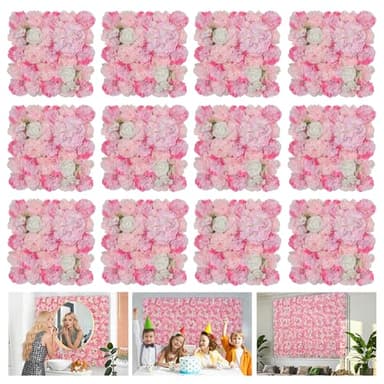 RIDDSEE Flower Wall Backdrop 12-Pack 16.5x16.5 Inch Artificial Rose Silk Flowers Panels-Floral Wall Panel Wedding Photo Backdrop, Photography Backdrop, Event Party Decoration-Pink