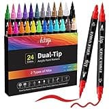 24 Colors Acrylic Paint Pens, Dual Tip Pens With Medium Tip and Brush Tip for Rock Painting, Ceramic, Wood, Plastic, Calligraphy, Scrapbooking, Brush Lettering, Card Making, DIY Crafts