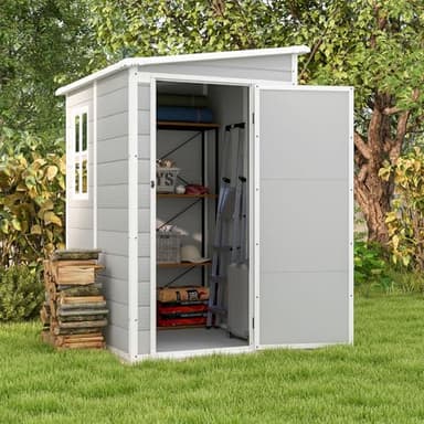 Patiowell 5x4 FT Outdoor Storage Shed with Floor, Resin Outside Storage Shed with Floor & Lockable & Window Door for Patio Furniture, Garden Tools and Bicycle, Light Gray