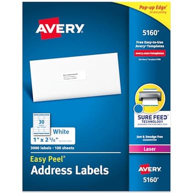 Avery Easy Peel Printable Address Labels with Sure Feed, 1" x 2-5/8" Customizable Stickers, White, 3,000 Blank Mailing Labels, Great for Mailing, Shipping, and More (5160)