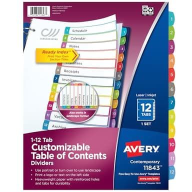 Avery Dividers for 3 Ring Binders, 12 Tabs per Set, Customizable Table of Contents, Multicolor Arched Tabs, Great for Organizing Reports, Projects, and More (11843)