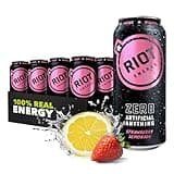 RIOT Clean Energy Drink, Strawberry Lemonade, Zero Artificial Anything, No Sucralose, Made with Real Fruit, No Sugar Added, Energy Stamina & Focus, 16 Fl Oz (Pack of 12)