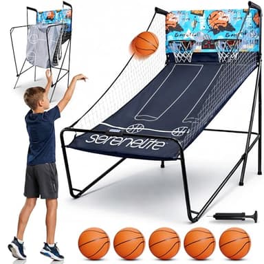 SereneLife Dual Hoop Basketball Shootout Indoor Home Arcade Room Game with Electronic LED Digital Double Basket Ball Shot Scoreboard & Play Timer Fold-up Court Shooting Sports for Kids&Adults Player