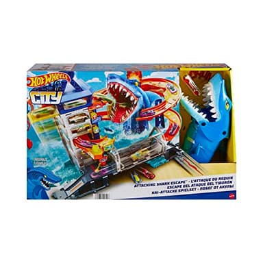 Hot Wheels City Toy Car Track Set, Attacking Shark Escape Playset with 1:64 Scale Vehicle, Multiple Levels, Kid-Powered Lift, Race to Escape, Storage
