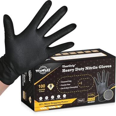 TitanFlex Heavy Duty Black Industrial Nitrile Gloves, 8-mil, Large, Box of 100, Latex Free, Raised Diamond Texture, Powder Free, Food Safe, Rubber Gloves, Mechanic Gloves