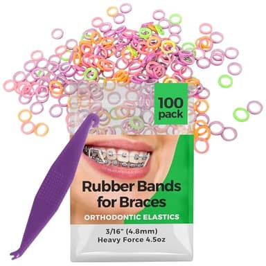 Orthodontic Rubber Bands for Braces 3/16 Heavy Force 4.5 oz - 100 Pack, Neon, Elastic Braces Rubber Bands, Orthodontic Elastics for Fixing Tooth Gaps, Dreadlocks, Includes Free Elastic Placer