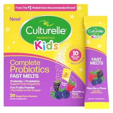 Culturelle® Kids Complete Probiotics Fast Melts Mixed Berry Flavor 30 Count Sugar Free‡ Prebiotic + Probiotic Powder for Digestive and Immune Health, Supports Daily Regularity *