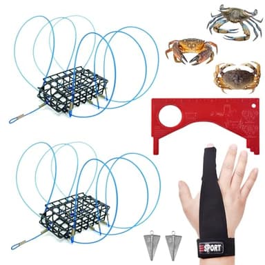 AQWXC 6-Loops Crab Trap for Fishing Pole, Crab Snare for Dungeness, Rock and Blue Crabs (2 Pack Kit(Glove, Gauge Included))