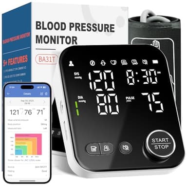 Smart Blood Pressure Monitor with Bluetooth, Automatic Upper Arm BP Machine for Home Use, Large Cuff (8.7”-16.5”), 2x120 Memory, Backlit LED Display, Storage Bag Included, Black