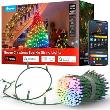 Govee Christmas Sparkle String Lights 66ft, RGBWIC String Lights with 250 Bullet-Head LEDs, App-Controlled, 140+ Scene Modes, 3D Shape Mapping, Works with SmartThings, Indoor Holiday Decorations