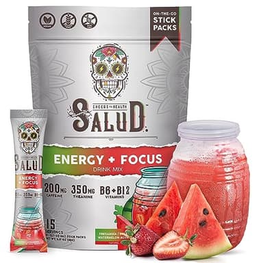 Salud 2-in-1 Energy Drink Powder + Focus, Strawberry Watermelon, Organic Caffeine, B6 + B12, Theanine, Clean Energy Drink Packets, Fresandia Agua Fresca Mix, Non-GMO, Gluten Free, Vegan, 1g of Sugar, (15 Servings)