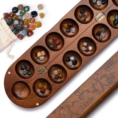 Lingle 21 Inch Deluxe Mancala Set: Real Wood Mancala Hinged Board with 48 Natural Multicolor Stones - Authentic African Petroglyphs, Foldable Design for 2-Player Strategy Game