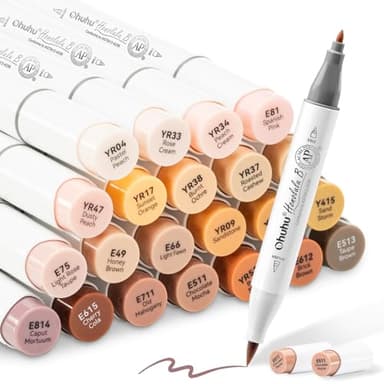 Ohuhu Skin Tone Alcohol Markers Brush Tip - 24 Portrait Skin Color Markers for Artist Adults Coloring Illustration - Fine and Brush Dual Tips - Honolulu B - Refillable - AP Certificated