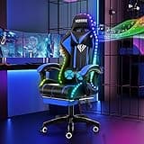 HOFFREE RGB Gaming Chair with Speakers Massage Computer Gaming Chair with LED Lights and Footrest High Back Video Game Chair for Adults Blue and Black