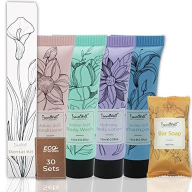 Travel Well Hotel Toiletry Kit Bulk - Individually Wrapped Guest Bathroom Essentials - Shampoo Conditioner Set & Travel Toiletries - Soap Bars & Dental Kits - 180-Piece Set, Mint Scent