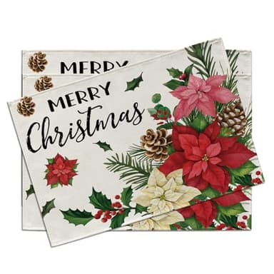 Croar Merry Christmas Poinsettia Placemats Set of 4, Xmas Flowers Pine Cones Holly Berries Dining Place Mats Table Decor, Winter Holiday Floral Home Kitchen Decoration 12 x 18 Inches